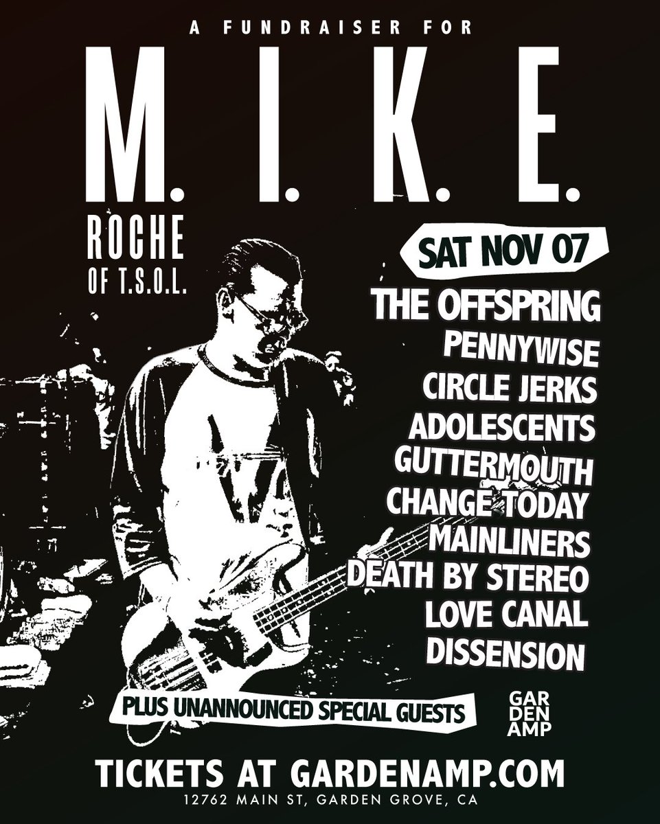 offspring's tweet photo. Without T.S.O.L. there would be no Offspring, and Mike Roche’s bass playing is a huge part of the reason why.

Over the years, we went from fans of his to friends. So when we heard he needed our help, we jumped at the chance to pitch in. A lot of people from the punk scene felt the same way, and this benefit concert was put together. It’s gonna be an amazing show, with a bunch of incredible bands, and it’s gonna help out an old friend.

We hope you can join us at @gardenampoc on November 7th in support of one of punk’s most beloved musicians. Tickets go on sale this Friday, Sept. 18, at 9 a.m. PT.