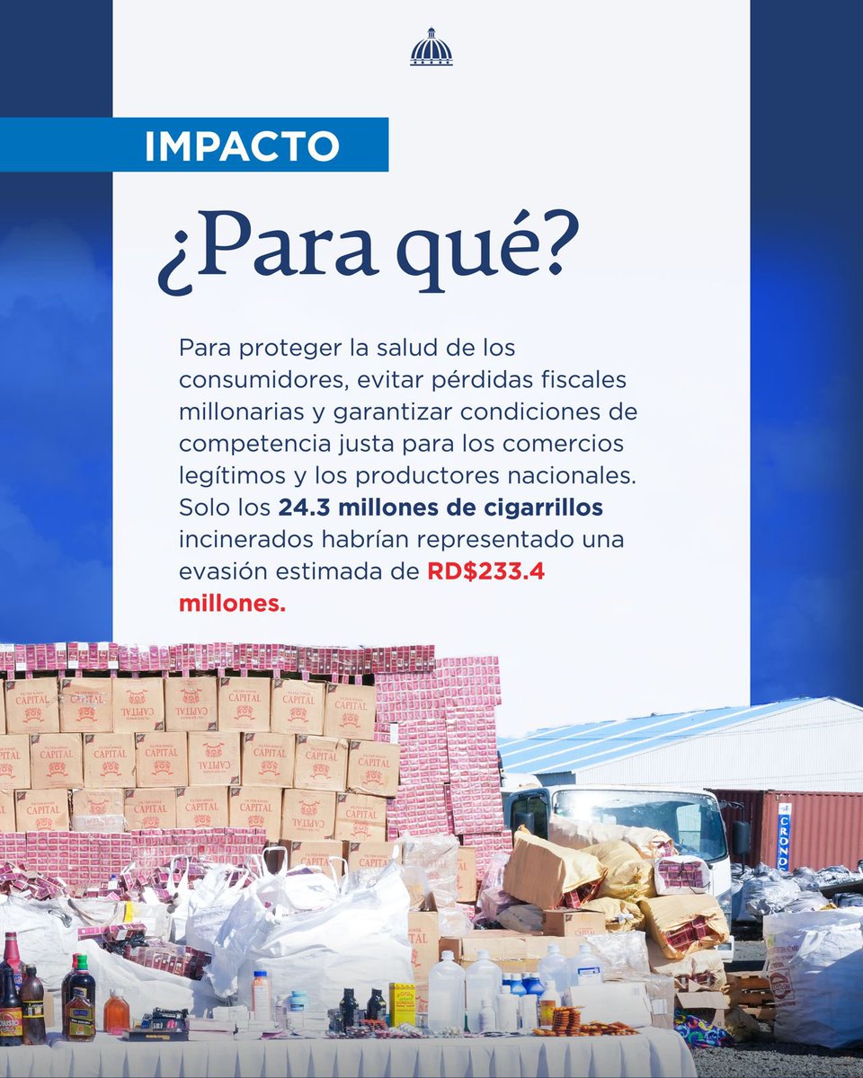 MIC_RD's tweet photo. 🔥 Combatimos el comercio ilícito con acciones concretas.

Junto al @CECCOMRD, coordinamos la incineración de más de 28.3 millones de mercancías ilícitas, valoradas en RD$362.7 millones, protegiendo el comercio formal, la recaudación fiscal y la salud de los consumidores.

#MICM #CECCOM #ComercioIlícito