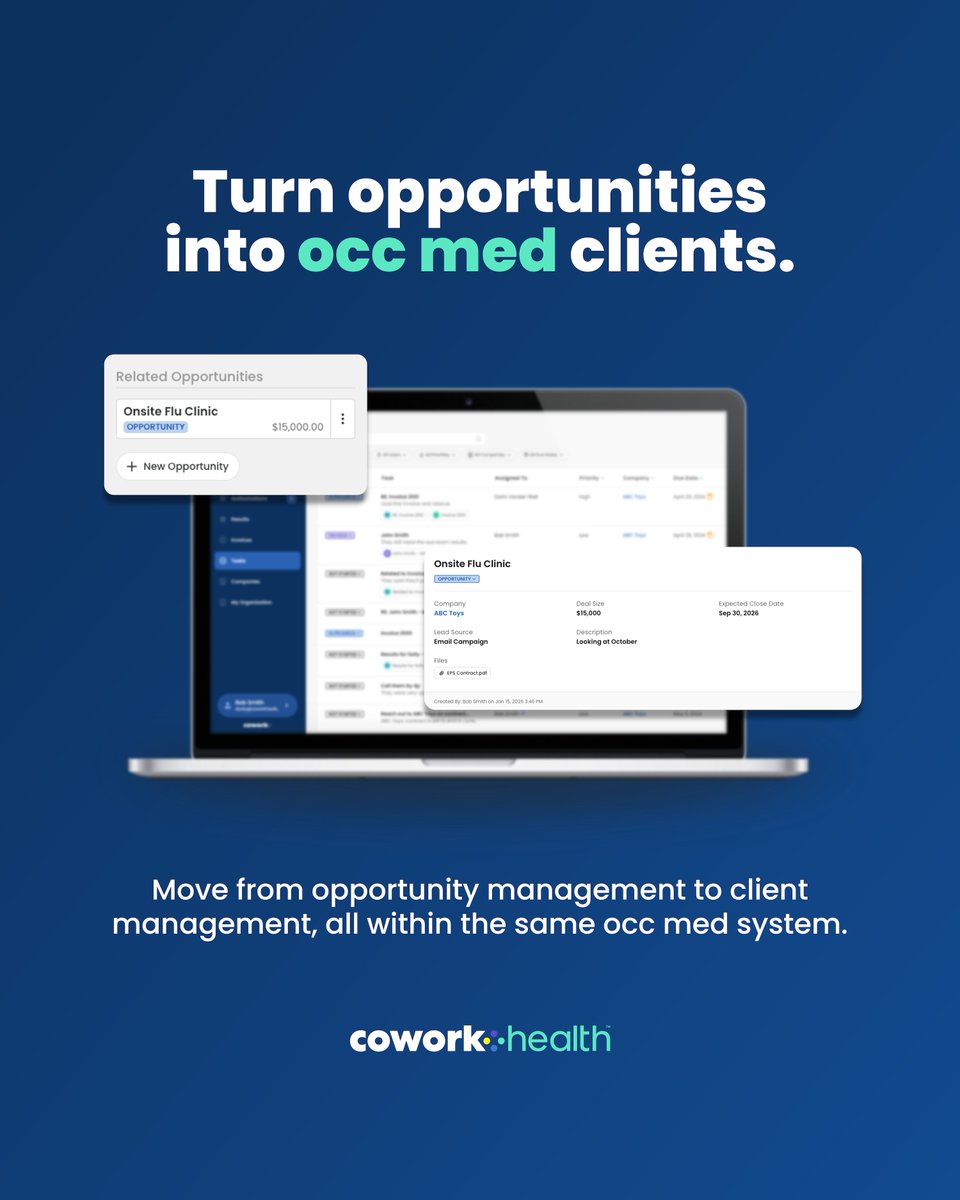 CoworkHealth's tweet photo. Turn opportunities into occ med clients.

With Cowork, you can manage opportunities, track progress, and seamlessly convert new clients into your existing occ med workflow.

From opportunity to client, all in one system.
Can your occ med portal do that? https://t.co/ibTIYcMa9Y