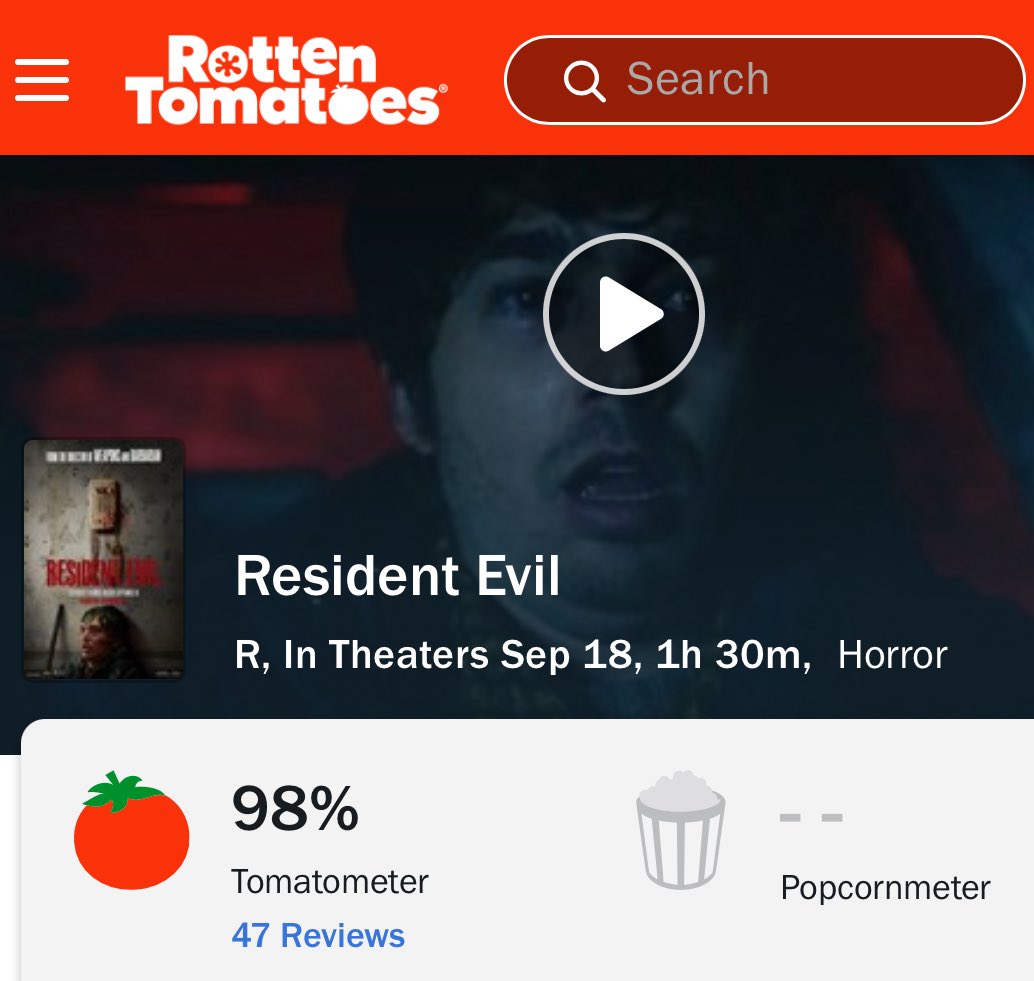 FilmUpdates's tweet photo. Zach Cregger’s ‘RESIDENT EVIL’ holds a score of 98% on Rotten Tomatoes from 47 reviews.

In theaters on September 18. https://t.co/VlAAsRSEBl