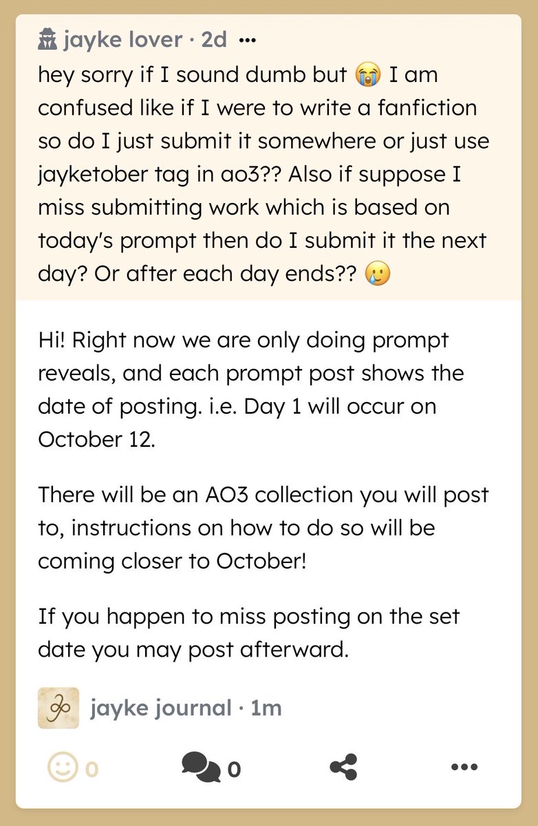 jaykejournal's tweet photo. hey sorry if I sound dumb but 😭 I am confused like if I were to write a fanfiction so do I just submit it somewhere or just… — Hi! Right now we are only doing prompt reveals, and each prompt post shows the date of posting. i.e. Day 1 will occur on Oct… https://t.co/91oJdZ0FAN https://t.co/PTR4ZzgZaK