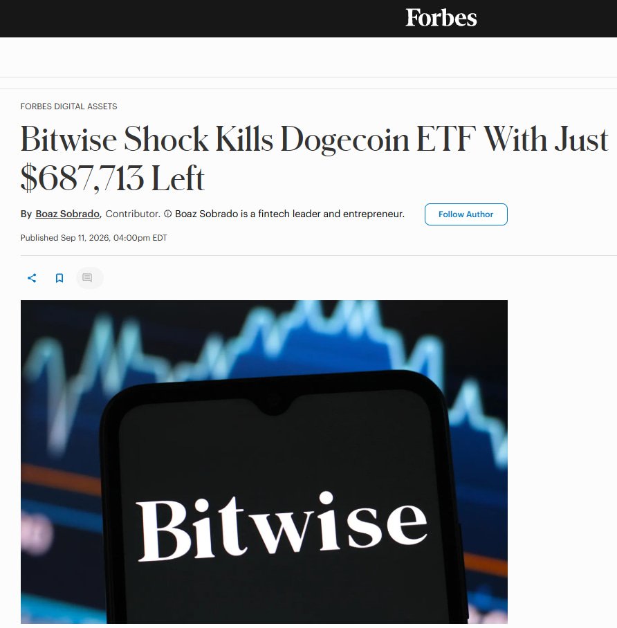 Markus_Brdt's tweet photo. Bitwise is shutting down its spot $DOGE ETF.

Launched: November 2025
Assets left: $687K
Last trading day: October 14

Less than a year.

Turns out Wall Street wanted Bitcoin and Ethereum.
Not memes in a suit. https://t.co/ifeGiGyy9d