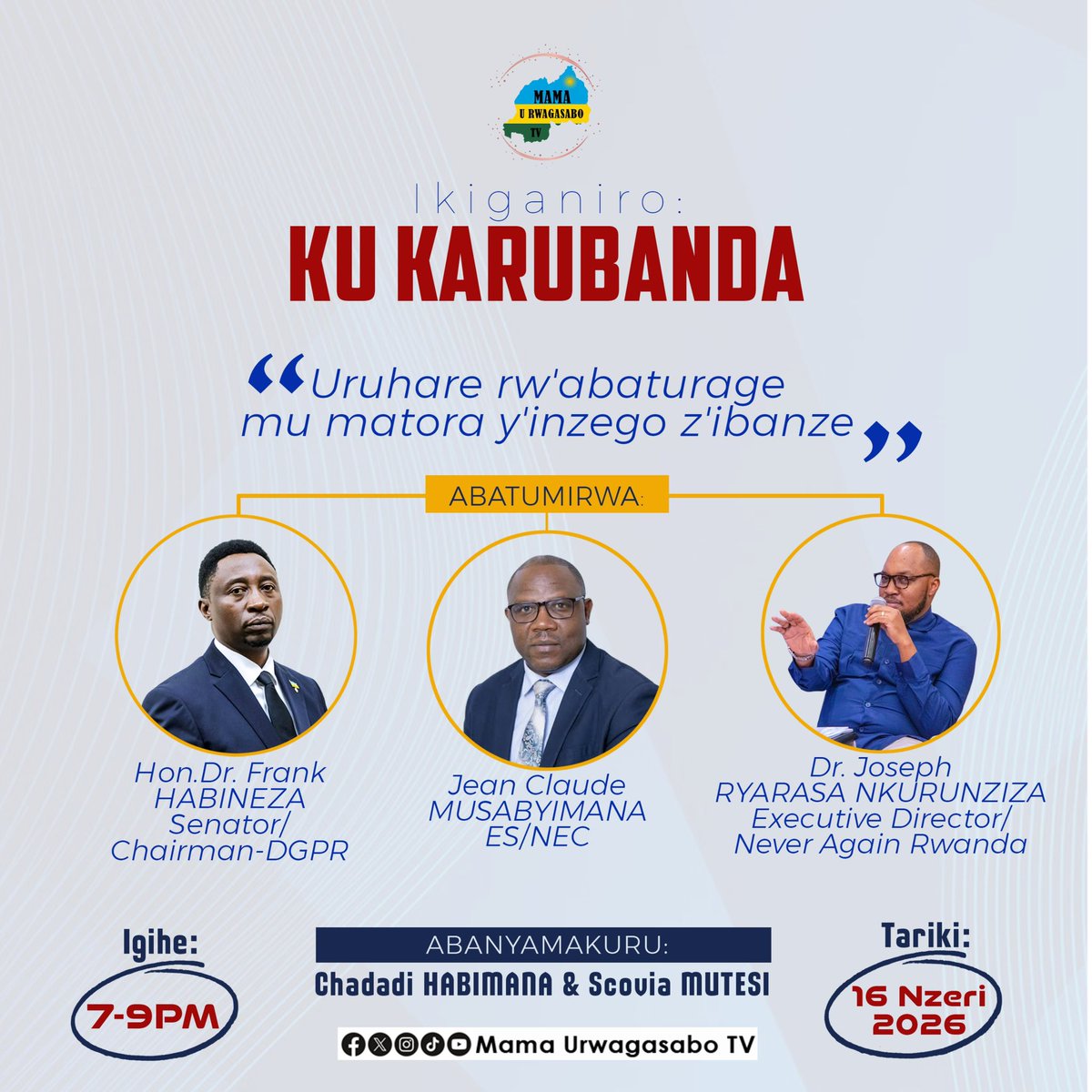 Drfrankhabineza's tweet photo. This evening from 7 PM will be on @Mamaurwagasabo1 TV discussing the upcoming local government elections due next month with @RwandaElections Executive Secretary and with Dr @JosephRyarasa , don’t miss out #Rwanda #Rwot @NFPO_Rwanda @DemGreenPartyRw https://t.co/bCSfQt2AvN