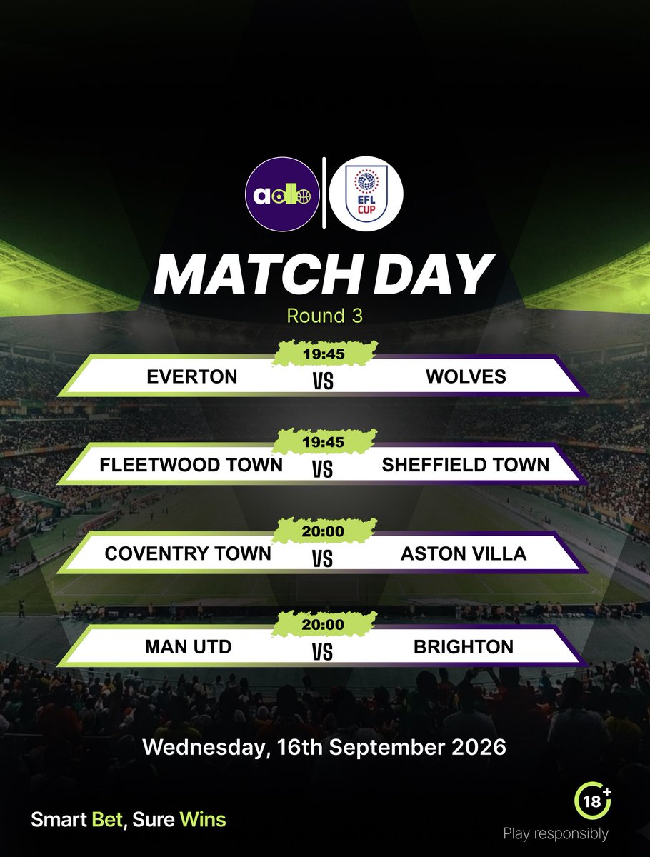 adasibet's tweet photo. Midweek Football is Here!
Big games tonight from carabao cup Round 3 to laliga!
Which match are you watching Tonight?
#Adasibet
#Smartbetsurewins
#Matchday
#PlayResponsibly https://t.co/g9kzORY8kH
