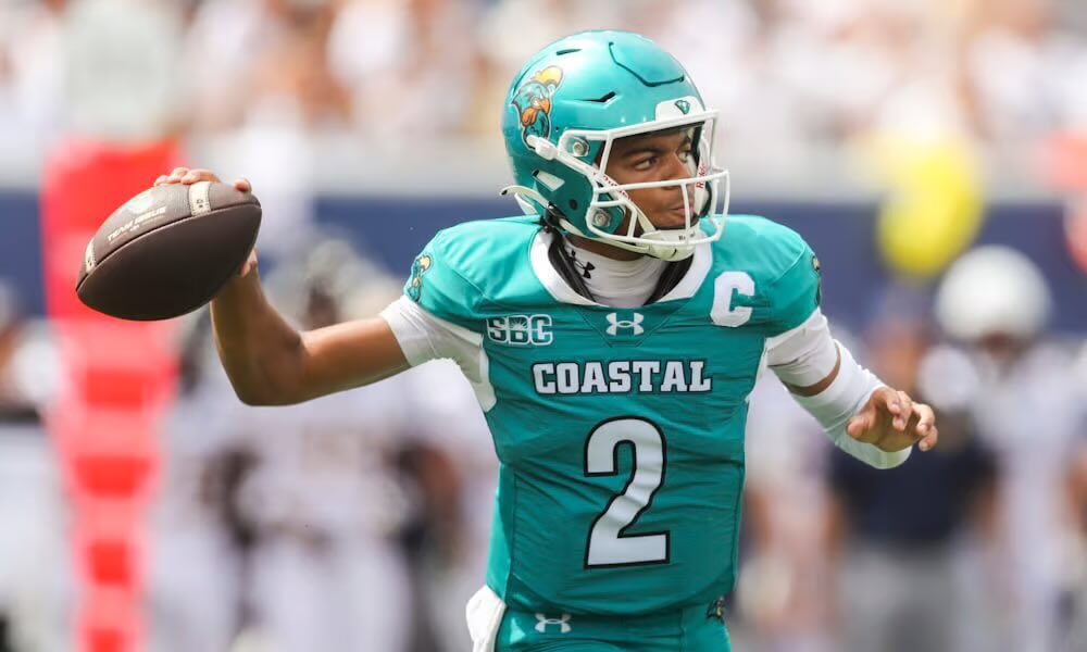 SleeperCFB's tweet photo. Coastal Carolina QB Deuce Bailey has had quite the start to the 2026 season 👀

Through 2 Games:
- 576 Passing Yards
- 6 TDs
- 0 Interceptions
- 163.3 Passer Rating

Bailey is looking like a steal out of the portal for CCU https://t.co/akW53N25ZW