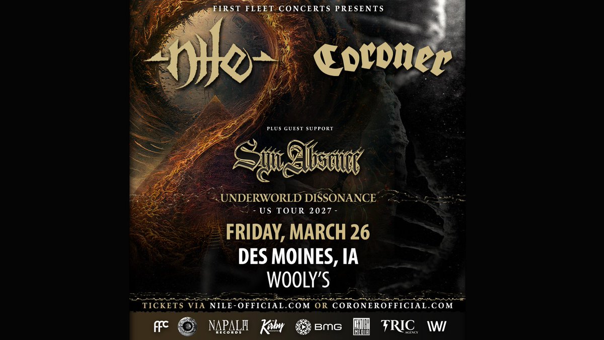 Woolysdm's tweet photo. PRESALE LIVE 🧬 Nile and @coronerband are bringing the Underworld Dissonance Tour to Wooly's on Friday, March 26th with Syn Absence.

Local presale code: UNDERWORLD
🎫 https://t.co/fioUVIv4xh
Code valid until 10:00 PM Thursday, September 17th. https://t.co/iKJGvnqN9w