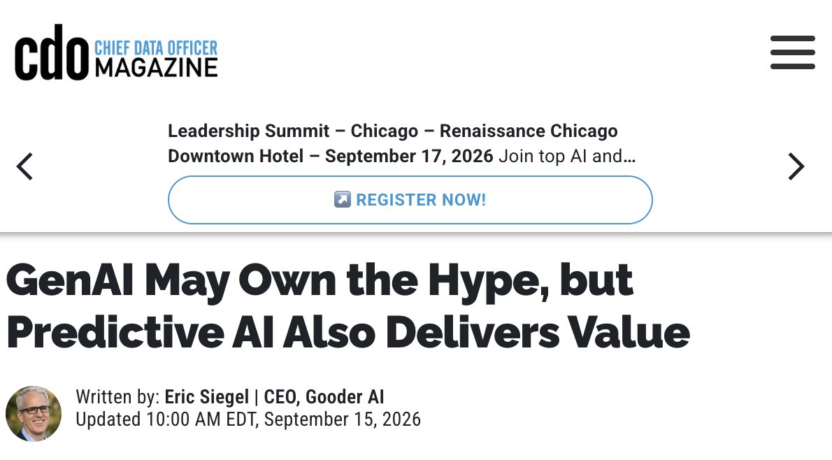 predictanalytic's tweet photo. #GenAI May Own the Hype, but #PredictiveAI Also Delivers Value

A battle has erupted between AI glitz and AI value. It’s chic versus geek...

Read my article in #CDOMagazine, which is adapted from the new preface to my book "The AI Playbook" https://t.co/dZoy9qXTjU https://t.co/Wb16YCL3Us