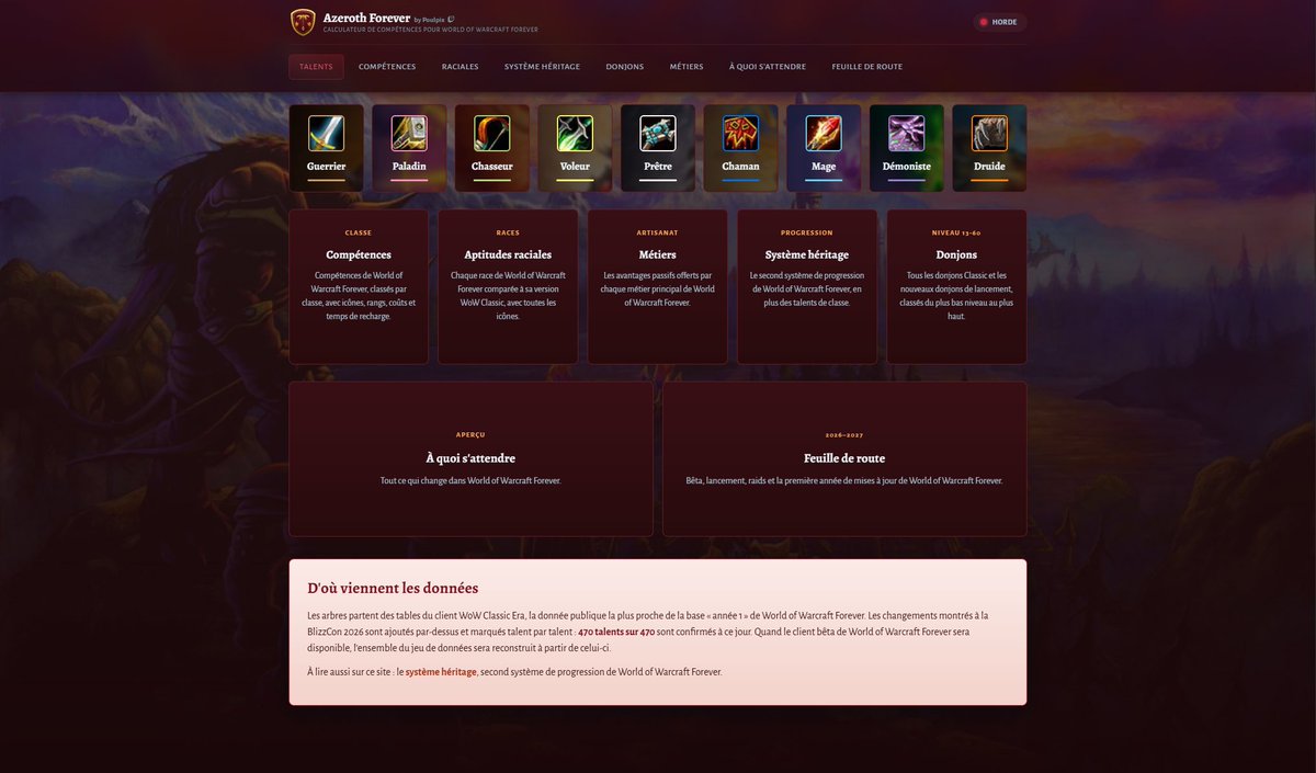 poulpi_x's tweet photo. Pour l'Alliance ou Pour la Horde ?💥

Le site de fan Azeroth Forever est officiellement en ligne afin de vous préparer correctement à World of Warcraft Forever !

Un site complet en FRANCAIS avec :
• Calculateur de talents
• Liste des compétences (qui sera mise a jour avec la beta)
• Liste des raciales modifiés
• Calculateur héritage (legacy)
• Liste des donjons (le raids seront mis plus tard)
• Les métiers et leurs nouveaux bonus
• FAQ répondant a vos questions
• Feuille de route
• Thème Alliance ou Horde au choix !

Préparez vos builds dès maintenant 👇
• https://t.co/thTgQOwTxu

RT pour soutenir votre faction ! 💥 Et n'hésitez pas a me communiquer vos retours pour améliorer tout cela.