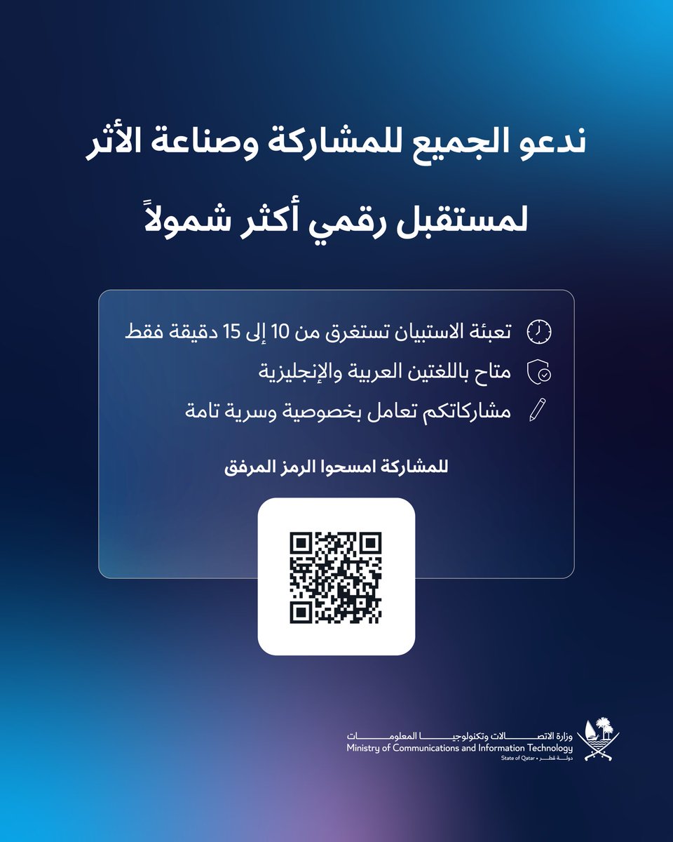 MCITQatar's tweet photo. تعبئة الاستبيان تستغرق دقائق معدودة فقط، امسحوا الرمز المرفق وشاركوا في صناعة القرار 

رابط الاستبيان:
https://t.co/dhi1e2SRqE https://t.co/RnM5UHKQrZ