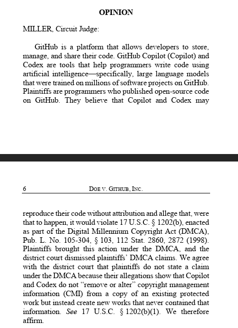 Screenshot of the opinion text stating that Copilot and Codex outputs are new works without removed copyright management information