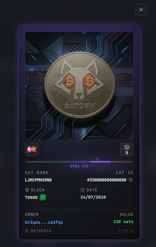 Inatendu29's tweet photo. Promise delivered. The PoW-based Luck score is officially live on WecSats! 🍀⚡️

Integrated natively across both the Explorer and the Marketplace:

Visual badge: Real-time PoW Luck indicator on every listing & sat card

Inspection modals: Exact block luck breakdown on click

Fast indexing: Fully synced with our direct ZMQ blockchain stream

A special shoutout to @NcryptUnc: you asked for it, it's shipped.
Does this integration match what you had in mind? Would love to get your thoughts and validation on the scoring! 🤝

Inspect the chain: 
👉 https://t.co/9GfCbUjsv3
👉 https://t.co/TyVzeIKQvv
#Bitcoin #RareSats #Ordinals
https://t.co/GHX9jEUZhK