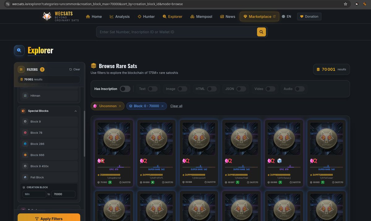 Inatendu29's tweet photo. Promise delivered. The PoW-based Luck score is officially live on WecSats! 🍀⚡️

Integrated natively across both the Explorer and the Marketplace:

Visual badge: Real-time PoW Luck indicator on every listing & sat card

Inspection modals: Exact block luck breakdown on click

Fast indexing: Fully synced with our direct ZMQ blockchain stream

A special shoutout to @NcryptUnc: you asked for it, it's shipped.
Does this integration match what you had in mind? Would love to get your thoughts and validation on the scoring! 🤝

Inspect the chain: 
👉 https://t.co/9GfCbUjsv3
👉 https://t.co/TyVzeIKQvv
#Bitcoin #RareSats #Ordinals
https://t.co/GHX9jEUZhK