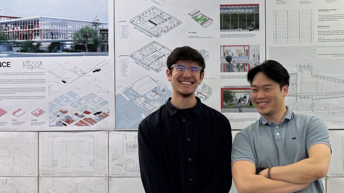 Syr_Arch's tweet photo. Bruno Yeh ’27 and Yanwen (Gareth) Pang ’27 earned 2nd place in the 2026 AISC/ACSA Steel Design Student Competition! Their project, The Dance, reimagines the community dance center through innovative steel design and inclusive public space. 🏆 https://t.co/6ZDZQcqmYx https://t.co/I2173rgJ5L