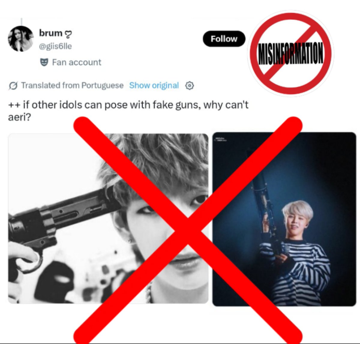 HavenCrave's tweet photo. An account circulating misleading posts involving BTS's Jimin and Taehyung.

- Taehyung’s object presented as weapon is a toy, the image appears edited
- Jimin’s device is a stage smoke device, not a firearm

Verify the original context before believing or amplifying these claims https://t.co/UUdKL30P4w