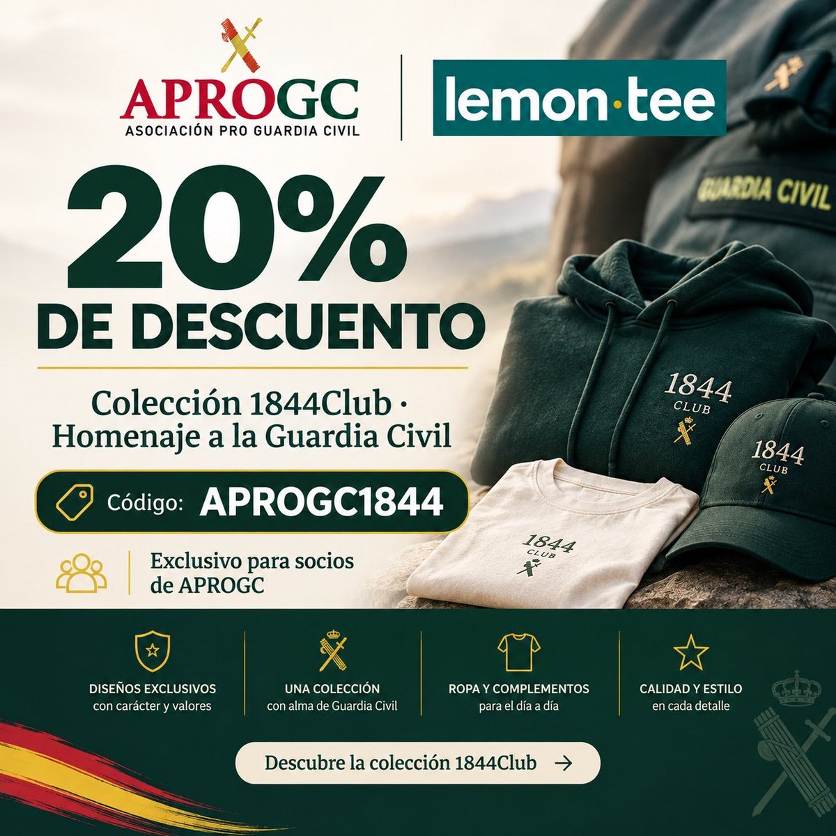 APROGC's tweet photo. Desde APROGC queremos compartir una nueva colaboración con 1844Club, la colección de Lemontee creada como homenaje a la Guardia Civil.

Los socios de APROGC pueden disfrutar de un 20 % de descuento en toda la colección utilizando el siguiente código:
APROGC1844

Una colección pensada para quienes sienten orgullo de pertenecer a la Guardia Civil y quieren llevar consigo un homenaje a nuestra Institución.

Descubre la colección 1844Club: https://t.co/PHp3MKsAE0