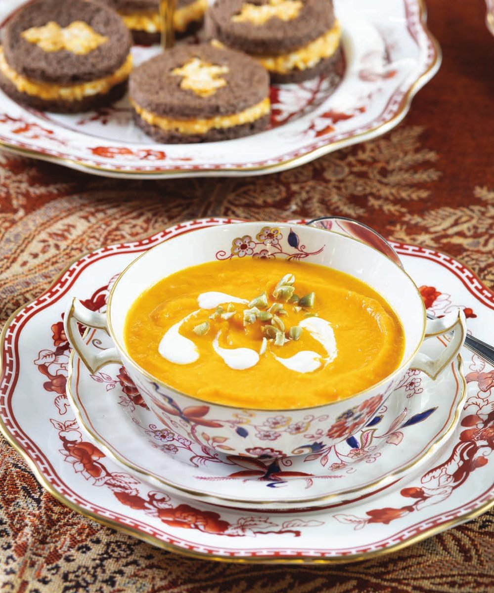 TeaTimeMag's tweet photo. Fall is right around the corner! Enjoying this savories course of Smoky Pumpkin–Egg Salad Tea Sandwiches, Curried Turkey Crostini, and Carrot-Ginger Soup would be lovely. We recommend serving this fare with Teaoli's "Black Dragon Tea." Find the recipes at https://t.co/n7MdAqLOJg. https://t.co/eljFQkEiR5