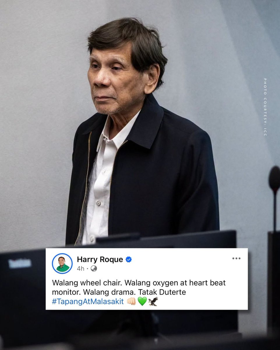 gmanews's tweet photo. ‘WALANG WHEELCHAIR’

LOOK: Former presidential spokesperson Harry Roque commented on former President Rodrigo Duterte’s appearance before the International Criminal Court (ICC) in The Hague, pointing to how Duterte presented himself during the proceedings.

“Walang wheel chair. Walang oxygen at heart beat monitor. Walang drama,” Roque wrote on Facebook.

📸: ICC

Read more: https://t.co/mdHfXUt5Tx