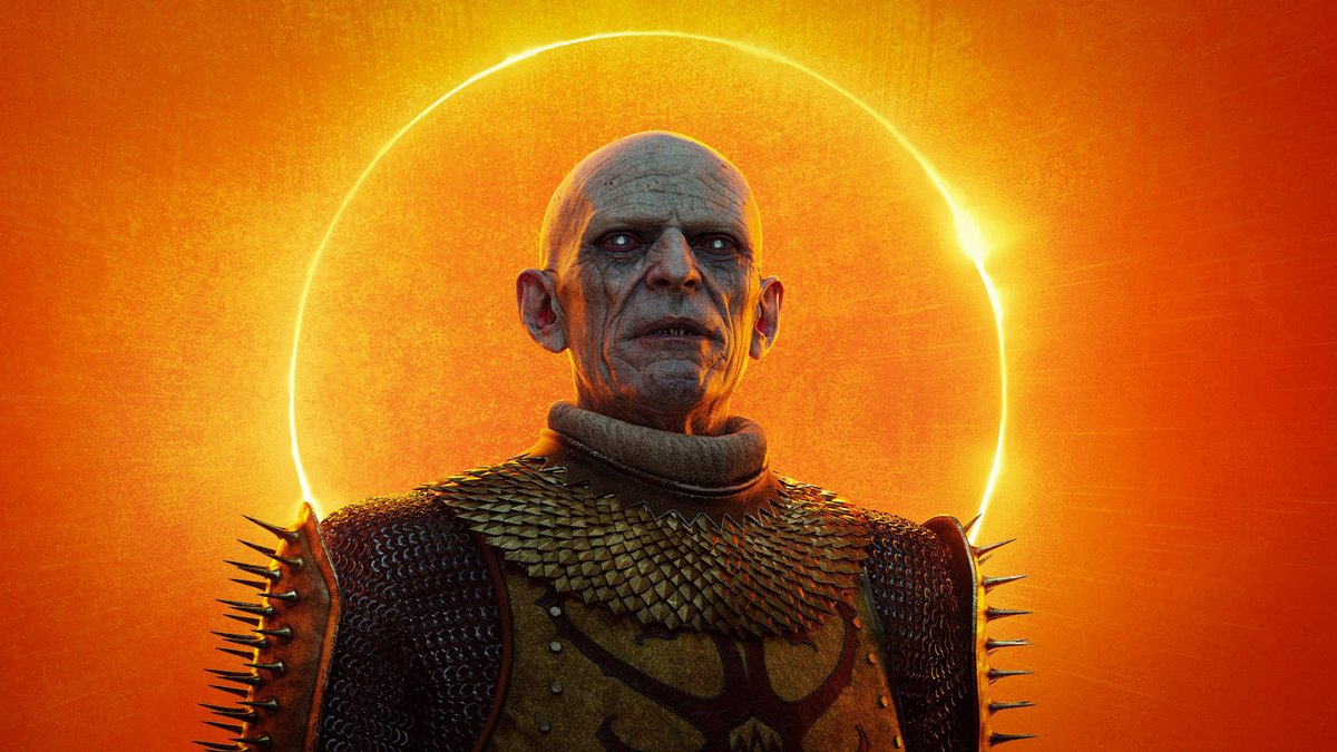 A glowing orange eclipse like halo surrounds a bald-headed, sallow-skinned, somewhat terrifying individual, who wears ornate olden armour. It's Brencis, a vampire, from The Blood of Dawnwalker.