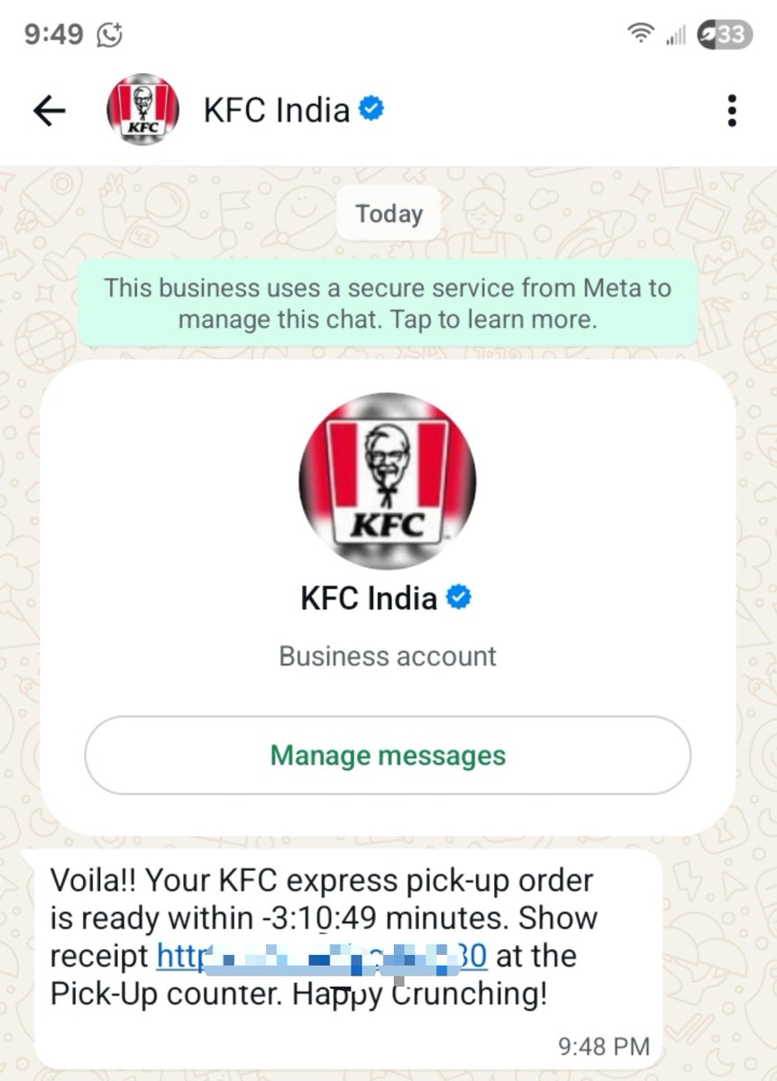 shomaesh's tweet photo. @KFC_India ordered 6.40 pm spoke with customer care at 6.51 pm they said go sir collect sir your order is ready i also asked again for confirmation its prepared a? They said yes. After going i recived order on 7.30 pm and now at 9.48 pm i recive message order ready 😂😂 3hr10min. https://t.co/pkBWnN3Qc4