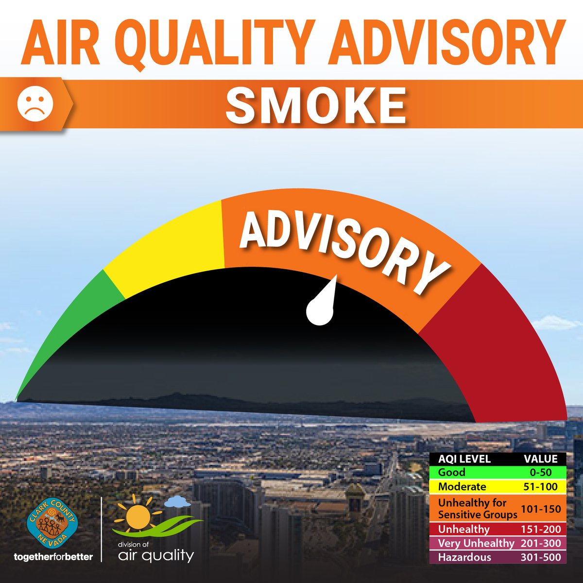ClarkCountyDES's tweet photo. Looks like some wildfire smoke from Mexico is heading our way. As a result, we're issuing a #VegasAirQuality smoke advisory for today &amp; tomorrow. 🌬️🌬️🌬️

Protect your 🫁! Take precaution; especially if you have breathing sensitivities. 

💻 https://t.co/lPuNtlrcTG https://t.co/kAmAx1fcZZ