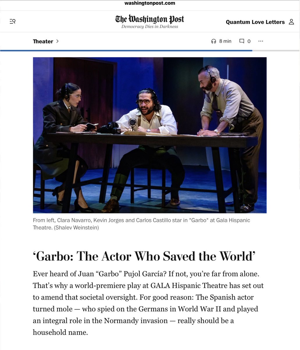 gustavottautor's tweet photo. Washington Post Review: 
“Garbo” triumphs thanks to Ott’s economical script and Kevin Jorges’s mischievous lead performance.”
“Toward the end, one character puts it best: The whole tale is a “magnificent, epic, wonderful farce.” https://t.co/z7T15rPWKy