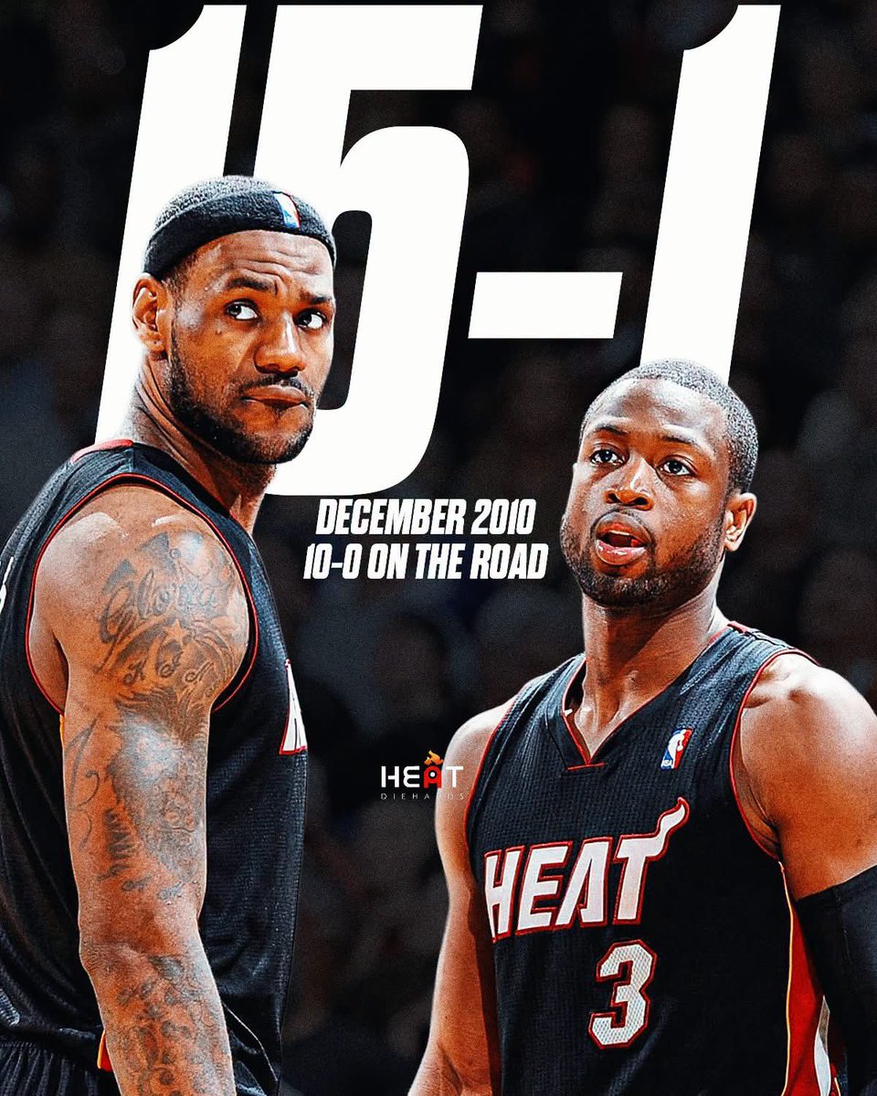HeatDiehards's tweet photo. The Big 3 Miami Heat nearly went perfect in December 2010.

Miami went 15-1, including a perfect 10-0 on the road — becoming the first team in NBA history to win 10 road games in a single calendar month.

That run included:

Wade dropping 45 in Houston
LeBron dropping 38 in his return to Cleveland
LeBron recording a triple-double at MSG
A 96-80 Christmas Day win over the defending champion Lakers

Miami’s only loss that entire month was by 2 points to the Dallas Mavericks.