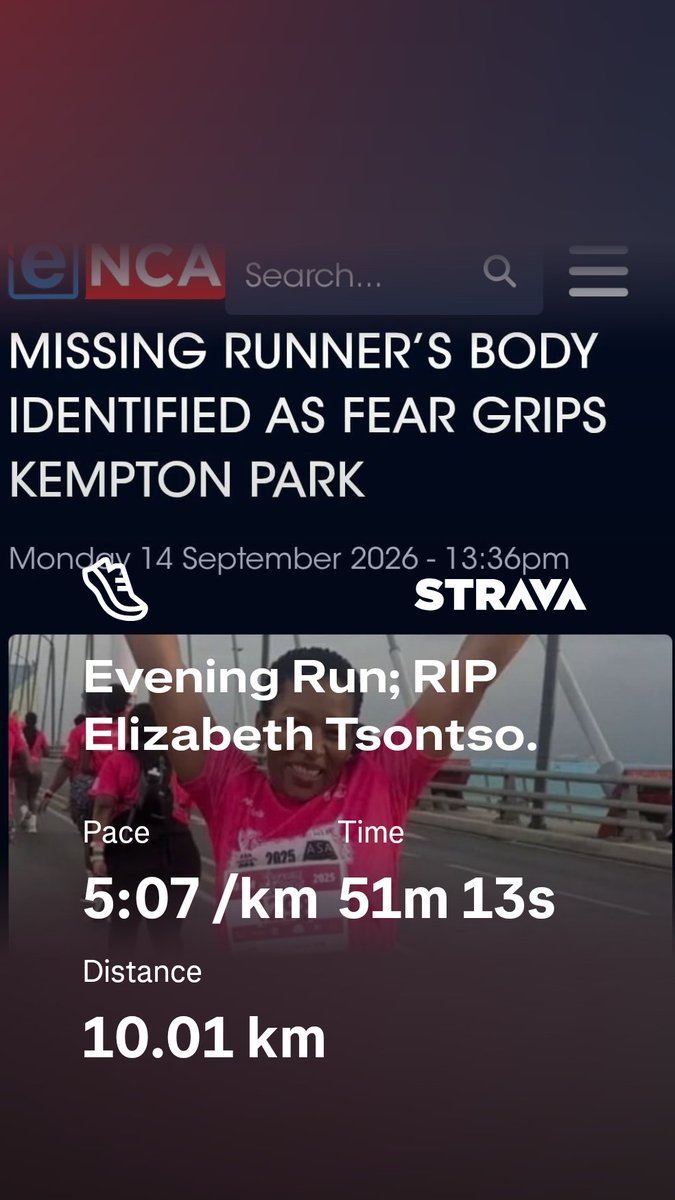 AlexHashakalex's tweet photo. #TributeRun; RIP Elizabeth. The story surrounding your last moments is so touching.May your runmate(daughter) be comforted by God.
@MarimaSipho @vonganimashile we condole with you all. https://t.co/OxGKn9u6ZH