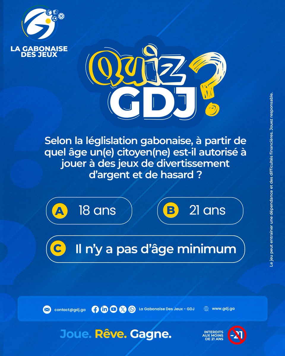 GabDesJeux's tweet photo. 𝐐𝐔𝐈𝐙 𝐆𝐃𝐉🎯

🧠Laissez votre réponse (𝐀, 𝐁 ou 𝐂) en commentaire ! 👇💬

📲𝐏𝐚𝐫𝐭𝐚𝐠𝐞𝐳 𝐜𝐞𝐭𝐭𝐞 𝐩𝐮𝐛𝐥𝐢𝐜𝐚𝐭𝐢𝐨𝐧 dans vos stories ou sur votre profil pour sensibiliser vos proches.

👥𝐌𝐞𝐧𝐭𝐢𝐨𝐧𝐧𝐞𝐳 𝐮𝐧 𝐚𝐦𝐢 qui doit absolument connaître cette règle afin de le sensibiliser. 📣

#Gabon #QuizGdj #Souveraineté #MonopoleDÉtat