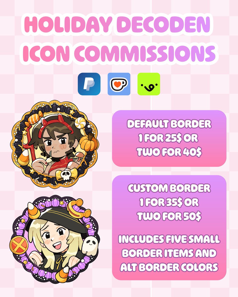 StarfoamStudio's tweet photo. New holiday icon commissions! It’s 25$ with the classic border (top), or +10$ for each custom border! Each additional person is 15$! Feel free to reach out if you have any questions, or place an order through my Vgen, Kofi, or Paypal! 🎃🦇 #vgen #kofi #halloween #commissionsopen https://t.co/sP1Rei6jWV