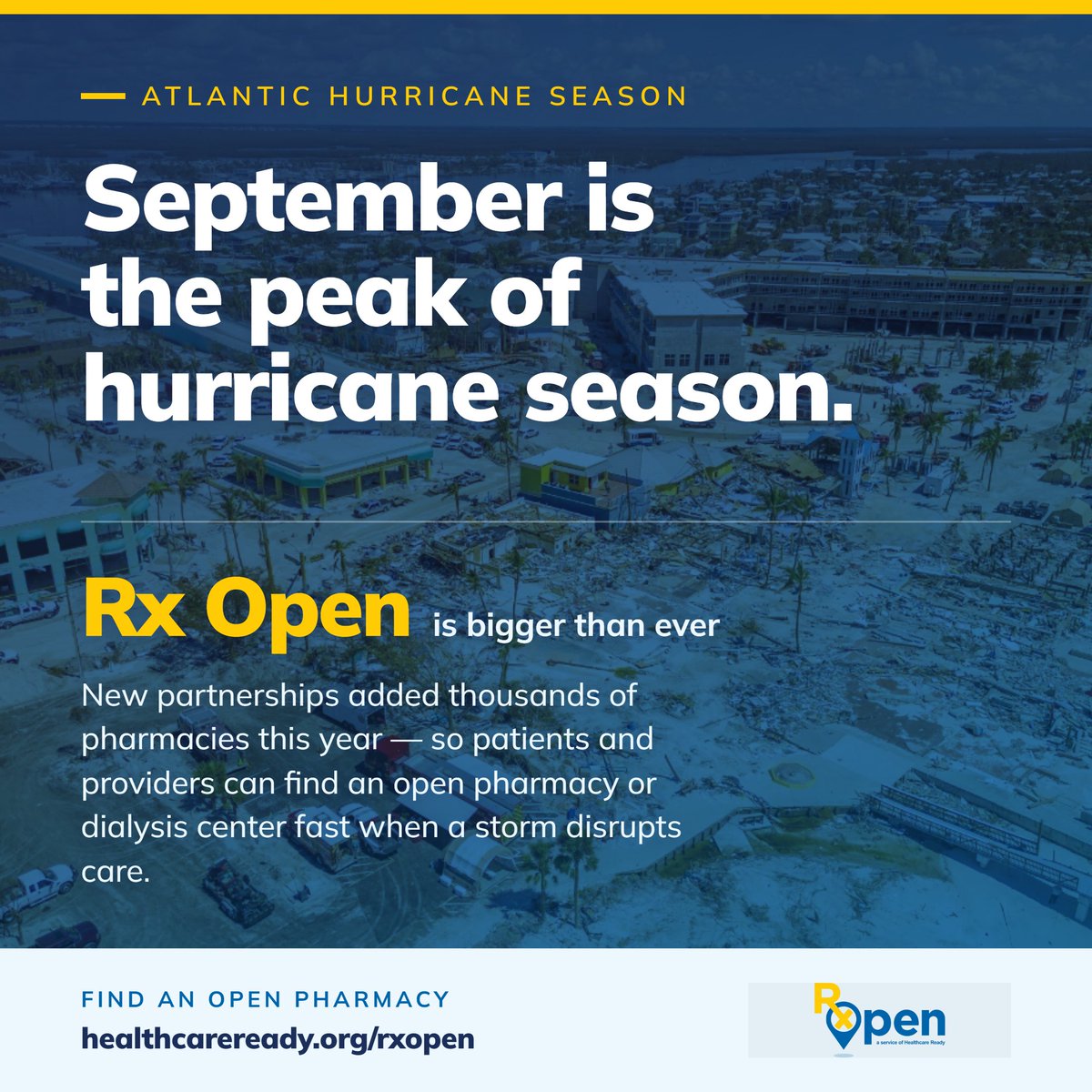 HC_Ready's tweet photo. September is the historical peak of Atlantic hurricane season. Rx Open's expanding pharmacy network means more communities can find an open pharmacy fast if a storm hits. Learn more: https://t.co/KwuqAmo8Zl https://t.co/6oKwf2W7x9