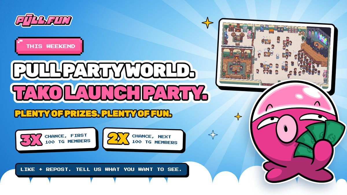 pulldotfun's tweet photo. No $TAKO launch is right without having it where it started - in Pull Party World!

Plenty of prizes. Plenty of free pulls. Plenty of fun. 

This weekend. Details to follow.

Like, repost, and reply with your most creative ideas. Remember to have your Pullfun account set up! https://t.co/rOtHCNrY8x