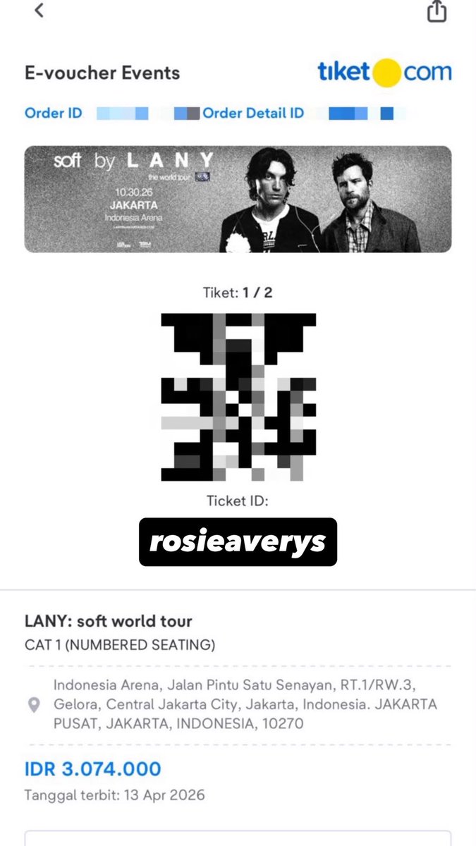 rosieaverys's tweet photo. WTS LANY: soft world tour — JAKARTA
CAT 1 — NUMBERED SEATING
📍 Indonesia Arena, Jakarta
📅 Jumat, 30 October 2026 
💰 IDR 2.7jt underprice BOLEH NEGO
sisa 1tix only; tiket milik pribadi
dp bisa cod wilayah jakarta
pelunasan saat penukaran tiket
Serious buyer only https://t.co/y10Kt7zKqQ