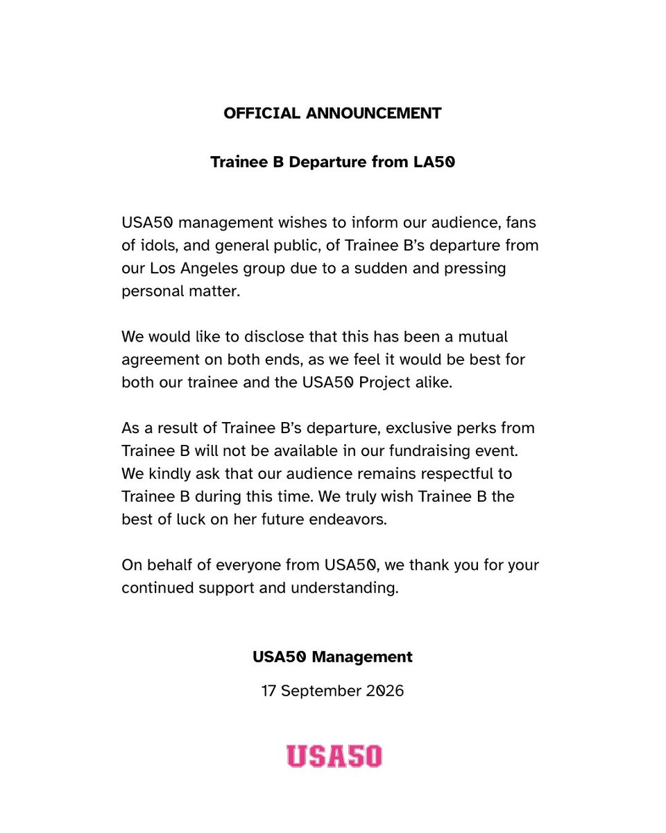 USA50Official's tweet photo. [Official Announcement Regarding Trainee B’s Departure] https://t.co/A9FIjT0CtH
