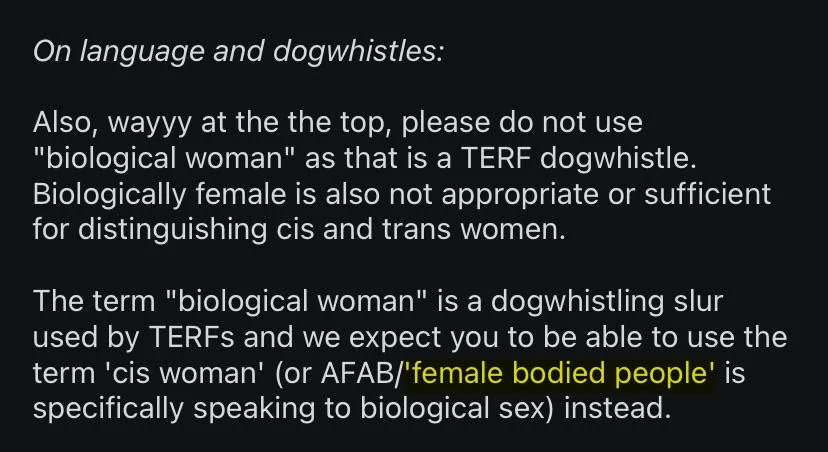 Reddit_Retards's tweet photo. No, this isn't satire. They want you to say "female bodied people" instead of "woman".. https://t.co/OjYz0o26dk