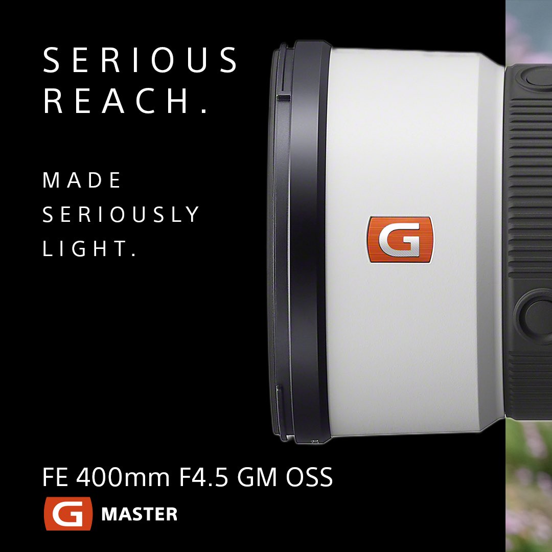 SonyAlpha's tweet photo. Big reach just got lighter.⚡️
The NEW Sony 400mm F4.5 GM OSS is 30% lighter than the original 100–400mm GM, with exceptional sharpness, beautiful bokeh &amp; high-speed AF to keep up with the action.
Tap to get a closer look and preorder yours now: https://t.co/wgCoIQZN6a. #SonyAlpha https://t.co/Sfgn8Zl4Bh