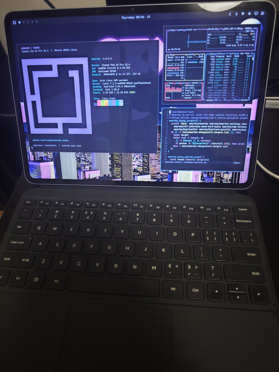 Tryank1's tweet photo. Omarchy on sheng! 🚀

Got @dhh's Omarchy running natively on the Xiaomi Pad 6S Pro 12.4. ARM64, Hyprland, 144Hz—and the keyboard, trackpad &amp; touchscreen work.

My first Omarchy experience, on a tablet. Thanks, Astra, for helping make it happen! https://t.co/770Ck4aJ7f