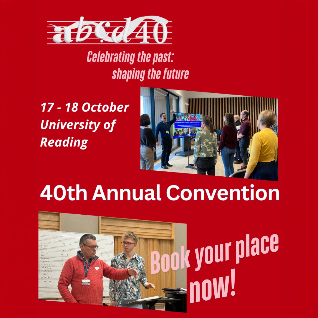 abcdtweets's tweet photo. It's a while since we posted on this platform, but we're still here, in fact we're forty years old this year! So a celebration is in order 🎉 - join us for our 40th Annual Convention!

Celebrating the past: shaping the future
Join us for a very special weekend as we celebrate 40 years of @abcdtweets with many of the people who have helped make us what we are today, as well as looking ahead to the future, with new presenters and new  topics for all choir leaders.

We've sessions for anyone and everyone involved in leading singers of any age, including a dedicated strand for everyone working with young voices, our famous repertoire reading sessions, and inspirational sessions on all aspects of choir leadership. We're thrilled that our Vice-Presidents Bob Chilcott, Susan Hollingworth and Brian Kay will be joining us, along with our President, Sir John Rutter. It's going to be a memorable weekend!

📅 Saturday 17 & Sunday 18 October
📌 University of Reading
💻 Find out more and book your place: https://t.co/cLeRMRGjqe
See the full timetable at https://t.co/mXa7U51crZ