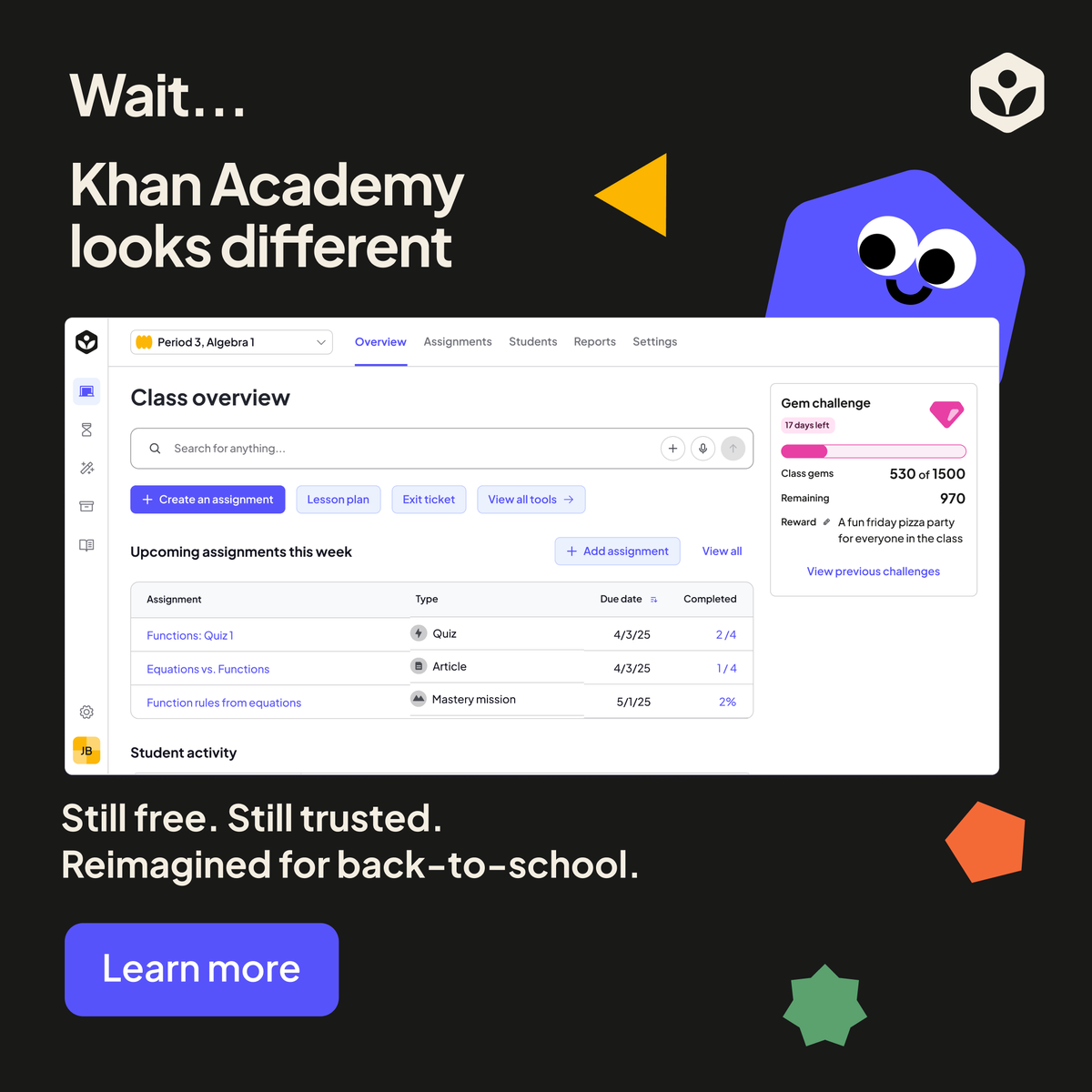 khanacademy's tweet photo. Khan Academy has a new teacher experience.

Set up classes, assign practice, check student progress, and find what you need from one streamlined home base.

Still free. Explore what is new: https://t.co/CRKOvRmrY6 https://t.co/KFdwyotR6B
