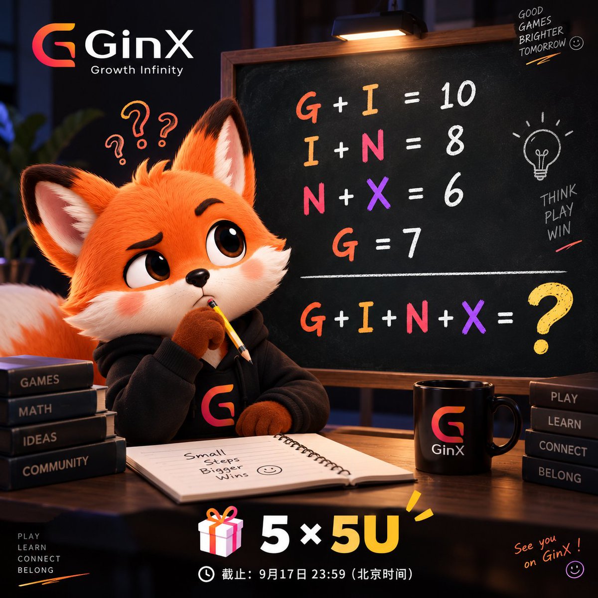 GinX_CN's tweet photo. 🏆 GINX 数学奖，开考！

听说最近数学奖很火？
GINX 也来出一道 👀
已知：

G + I = 10
I + N = 8
N + X = 6
G = 7

请问：
🧠 G + I + N + X = ?
🎁 奖励：随机抽取 5 名幸运儿，每人 5U
参与方式：
① 关注 @GinX_CN  
② 评论区留下你的答案
③ 注册 GINX 👉https://t.co/c03LMgumXj

⏰ 截止时间：9 月 17 日 23:59（北京时间）

答对，就有机会成为本届「GINX 数学奖」得主 🏅

这题，应该还不需要数学家出手吧？😎

#数学奖 #BTC