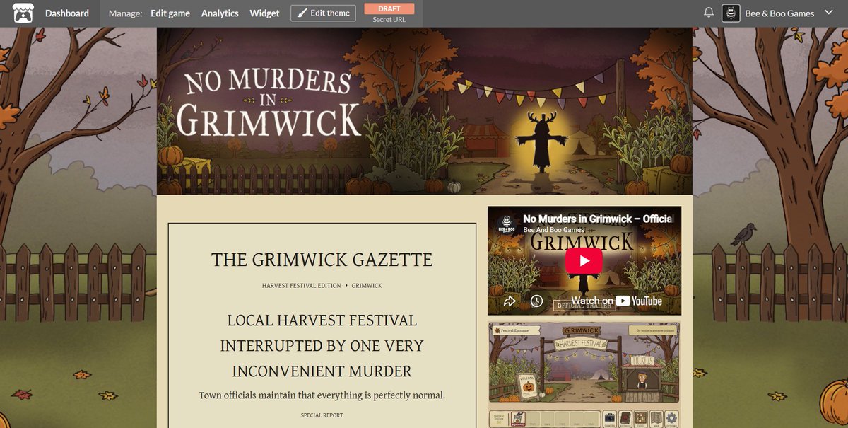 beeandboogames's tweet photo. I'm putting together a small demo for No Murders in Grimwick to give a little taste of gameplay, characters and story (coming really soon). Here is a sneak peak at the draft itch page. I'm really happy with how it looks so far. What do you think? 😊

#indiedev #gamedev https://t.co/tHQINTRTNr