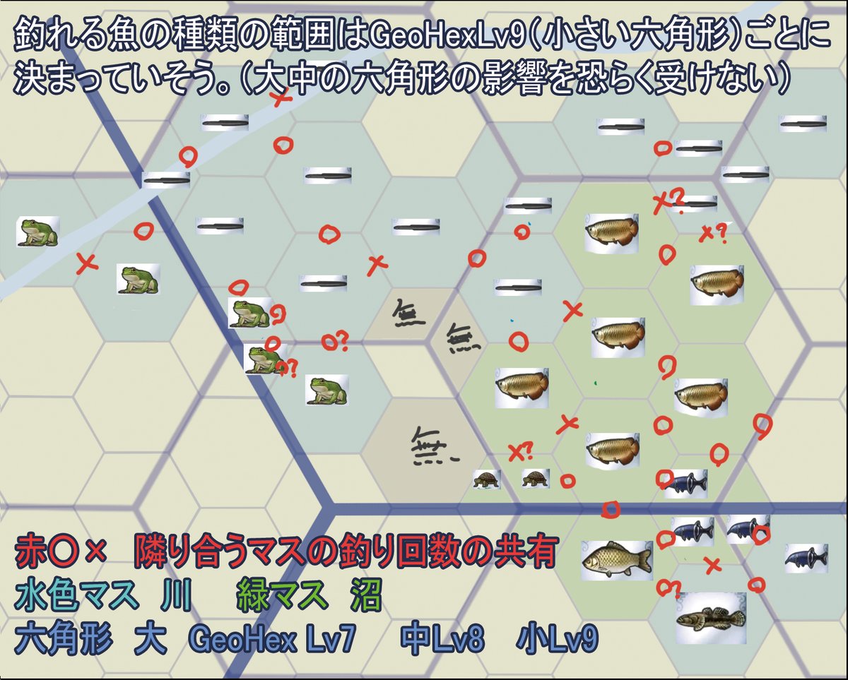 rororodqw's tweet photo. 釣りの範囲検証しました。釣れるさかなの種類の範囲はGeoHex Lv9　１マスごとで合ってそう。Hex通りじゃないかなってときもしばらくまったら読み込まれる。なんか釣りは他のものよりデータ読み込み遅い感じがする。釣回数の範囲は暫定。体感Lv8大だったのはLv9が7個だったからと予想 https://t.co/nd2MVyIAIM