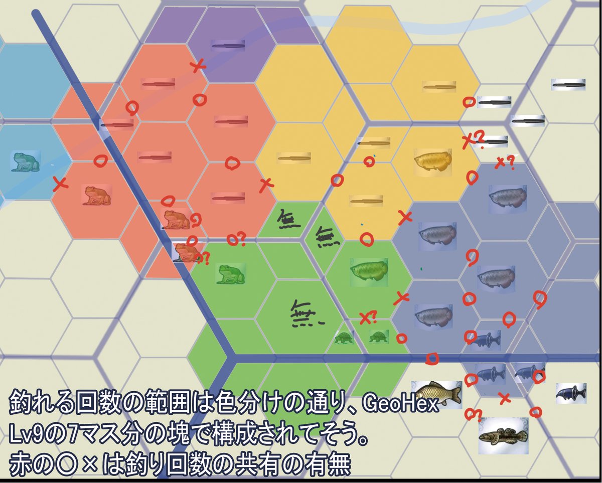 rororodqw's tweet photo. 釣りの範囲検証しました。釣れるさかなの種類の範囲はGeoHex Lv9　１マスごとで合ってそう。Hex通りじゃないかなってときもしばらくまったら読み込まれる。なんか釣りは他のものよりデータ読み込み遅い感じがする。釣回数の範囲は暫定。体感Lv8大だったのはLv9が7個だったからと予想 https://t.co/nd2MVyIAIM