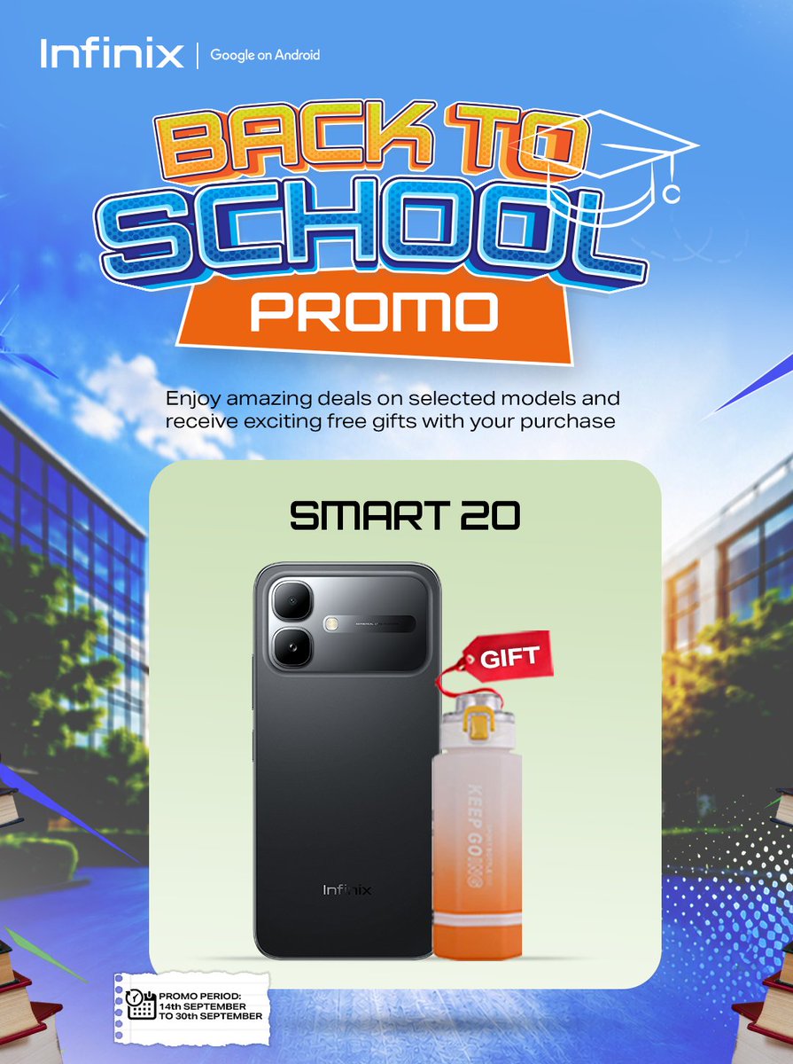 InfinixGhana's tweet photo. Back to school just got better!
Get the SMART 20 and enjoy a FREE gift. ๐
#InfinixGhana #BackToSchool #BacktoschoolpromowithInfinix #SMART20 #TechGhana #FreeGifts #HotLikeYou #Techmeetspower https://t.co/zfqZla8WYW