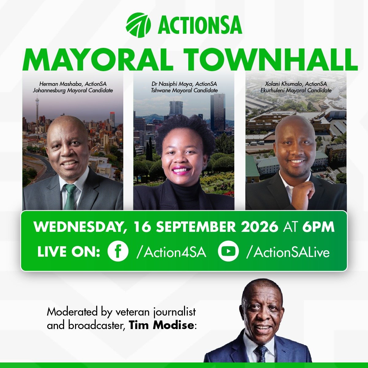 HermanMashaba's tweet photo. We are Currently LIVE for the ActionSA Gauteng Mayoral Townhall, hosted by Tim Modise, where our three Mayoral Candidates are unpacking their plans to fix their respective metros and get Gauteng working again.

YouTube: https://t.co/mKICJsSLm9 
Facebook: https://t.co/cM7obVnXl5

#OperationFixJoburg #Townhall