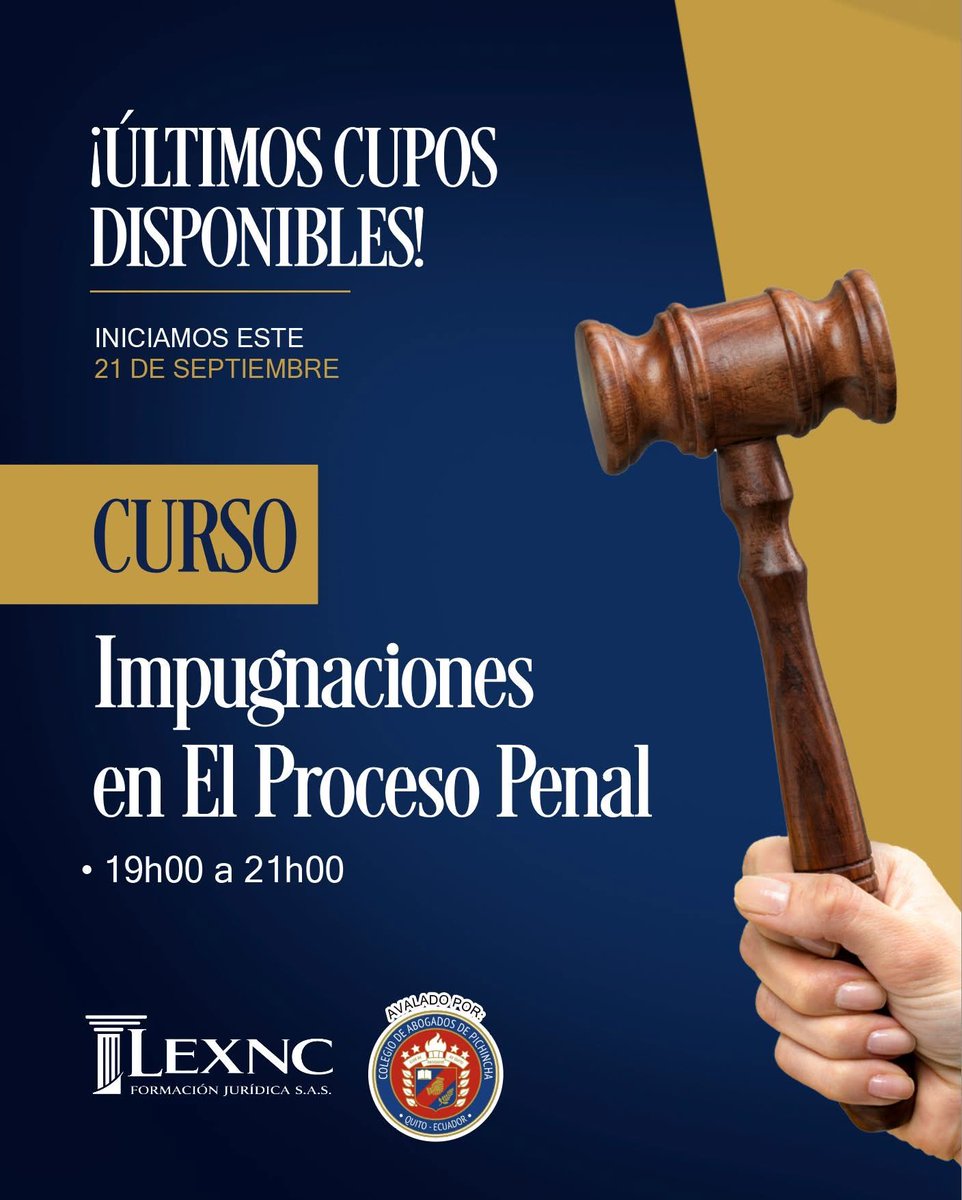 LEXNCFormacion's tweet photo. ¡Últimos accesos disponibles! ⏳ No dejes que una resolución desfavorable quede en firme por no saber plantear el recurso adecuado. ⚖️ Aprende a litigar en tribunales de alzada junto al Mgs. Ricardo Reyes Vasco. 

 💻 Clases online en vivo | 21 y 23 de septiembre
#LEXNC #CAP https://t.co/8ltcIdtOfC