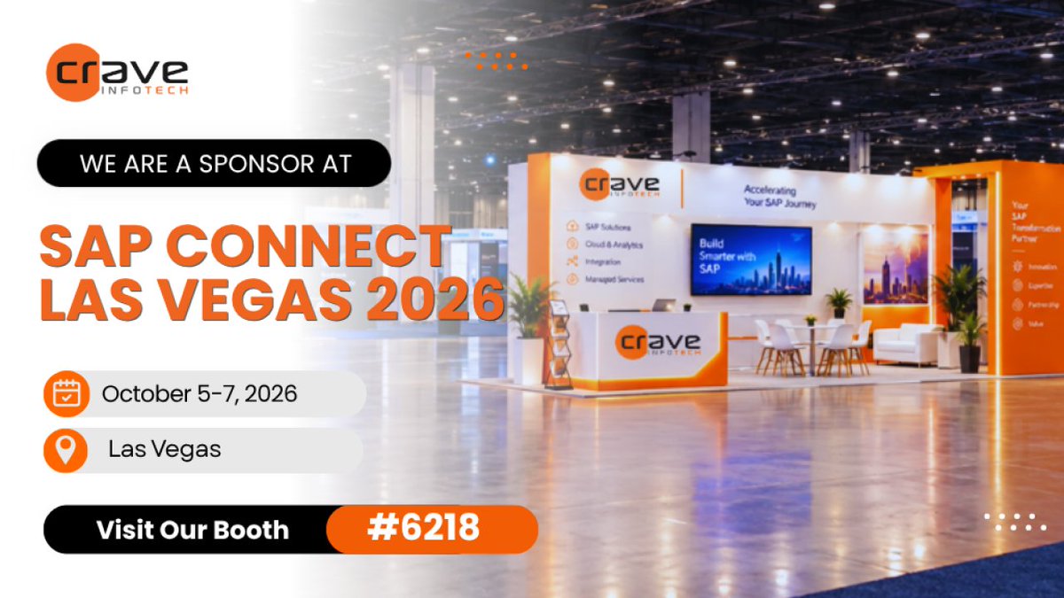 CraveInfotech's tweet photo. SAP Connect Las Vegas is almost here.

Meet us at Booth #6218 to talk AI, Joule, data, integration, and clean core.

📅 October 5–7, 2026
📍 Las Vegas Booth #6218

https://t.co/p9VzgXPiVW

#SAPConnect #SAP #AutonomousEnterprise https://t.co/5JdZq7UInd