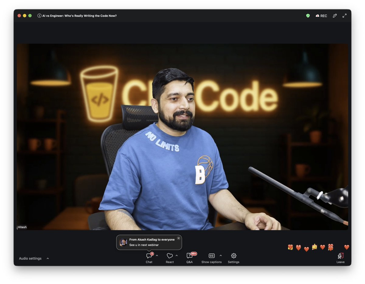 Akash_Code's tweet photo. Attended Wednesday’s webinar by @ChaiCodeHQ ,

 “AI vs Engineers: Who Will Write the Code?”

What I took away:
• How interview processes are changing these days
• New rounds and approaches in interviews
• How engineers can instruct AI to ship better
• Ended with a fun quiz too!

@Hiteshdotcom
