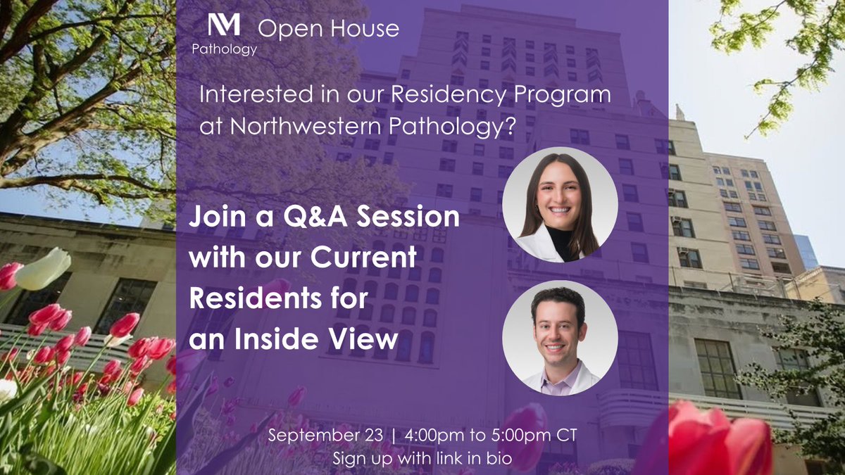 NU_Pathology's tweet photo. Interested in a residency at Northwestern Pathology? Join our current residents for a Q&A on Wednesday, September 23, from 4-5pm CT. Register here: https://t.co/CsxHH2kzfi https://t.co/3EFh5Z0f84
