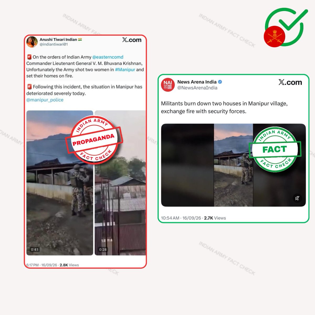 MythbusterXX's tweet photo. 🚨 Filter the Fiction

❌ The Pak-based propaganda X handle @indiantiwari01 is circulating a false claim alleging that, on the orders of Lt Gen VMB Krishnan, #ArmyCdrEC, the Army shot two women in Manipur and set their homes on fire.

✅ FACT: The allegation is false. In reality, suspected terrorists attacked a hill village in Manipur's Kangpokpi district and burnt down at least two houses while engaging in an exchange of fire with security forces.

🔗 

🎯 @GoI_MeitY: The Pakistani propaganda handle @indiantiwari01 is using a fake Indian identity to make a fabricated narrative against the Indian Army.

♻️ Fake Indian identity + fabricated senior army officer attribution + unverified incident narrative = disinformation.

⚠️ Verify before you amplify.

#FactCheck
#CognitiveCitizen
#Manipur
#IndianArmy
#Disinformation
@adgpi
@easterncomd
@Spearcorps
@official_dgar
@PIBFactCheck
@GoI_MeitY