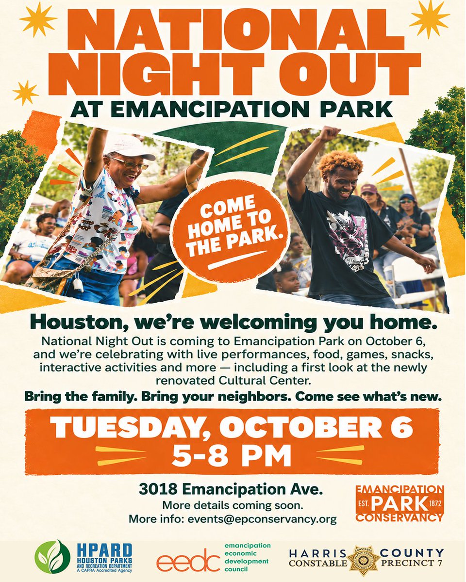 EPConservancy's tweet photo. NATIONAL NIGHT OUT AT EMANCIPATION PARK
Join us Tuesday, October 6th, 5-8 PM for a community celebration welcoming neighbors, families, and friends back to the park for an evening of connection, entertainment, and fun.
#houston #emancipationpark #nationalnightout #community https://t.co/w4pf7UpV6Y